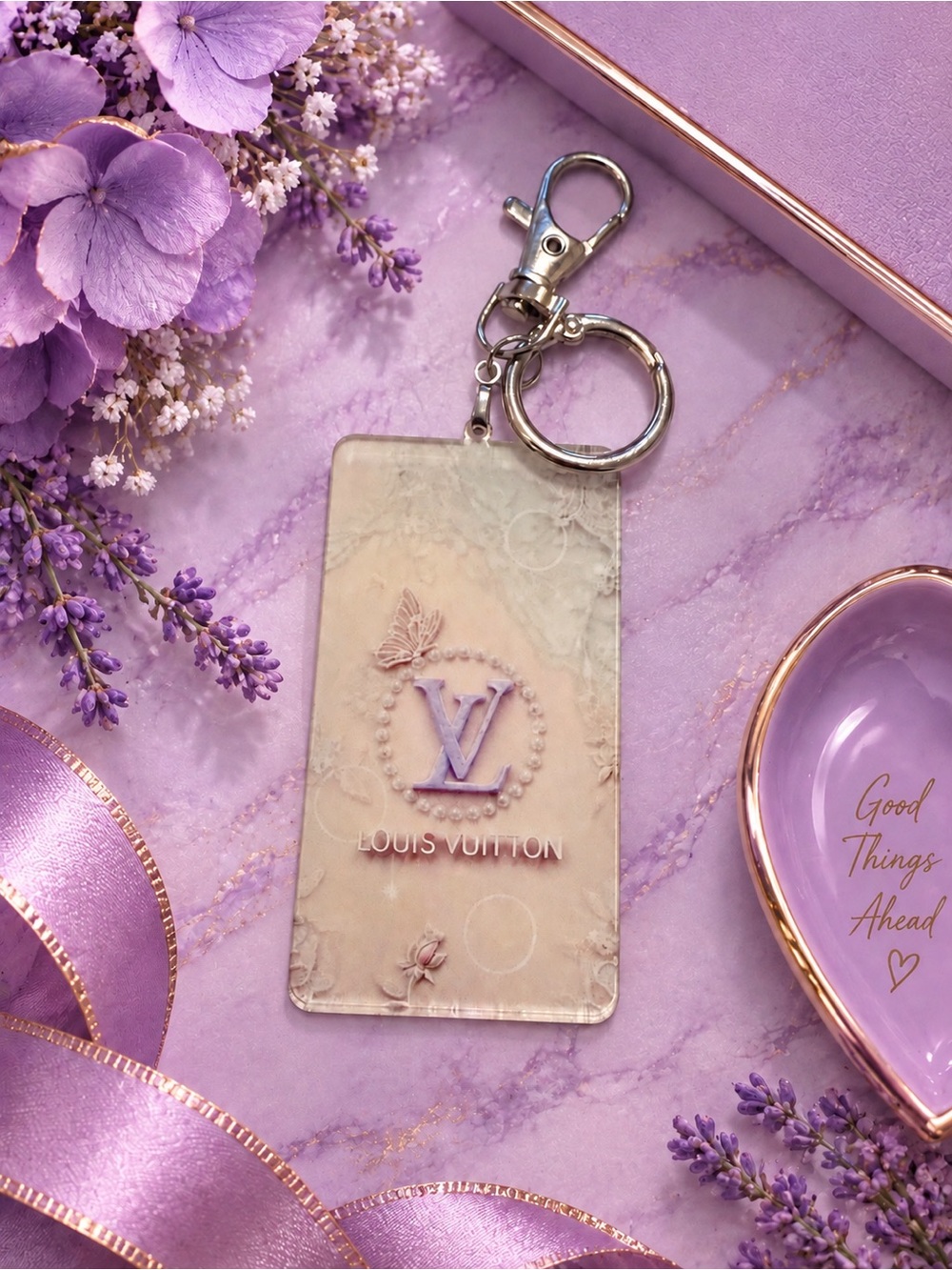 Cream & Lavender Butterfly Acrylic Bag Charm Keychain | Silver Tone